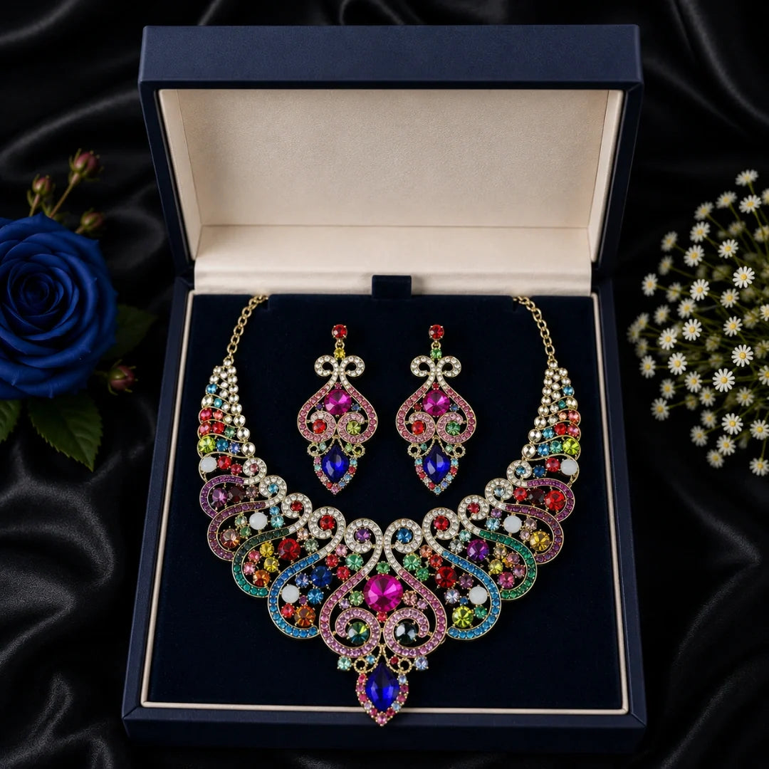 Casla's Jewel Emerald Crystal Statement Necklace & Earrings Set