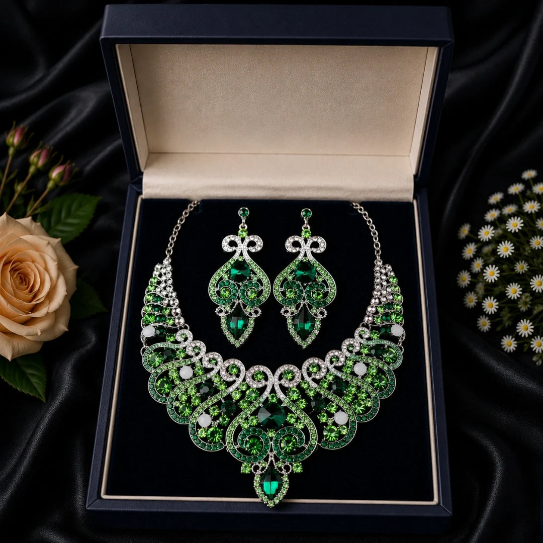 Casla's Jewel Emerald Crystal Statement Necklace & Earrings Set