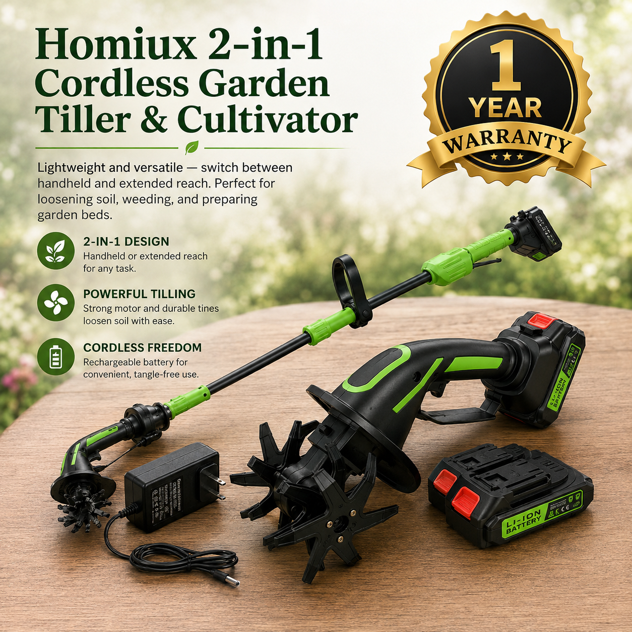 Homiux 2-in-1 Cordless Garden Tiller & Cultivator