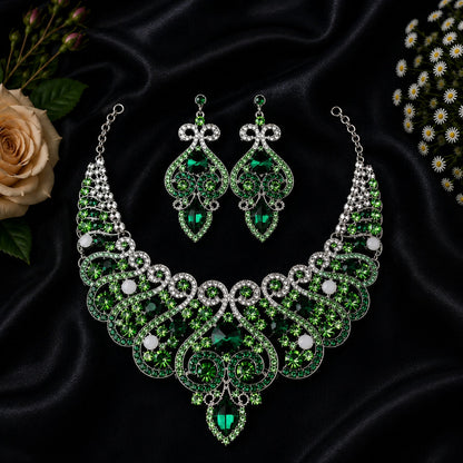 Casla's Jewel Emerald Crystal Statement Necklace & Earrings Set