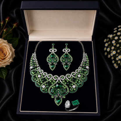 Casla's Jewel Emerald Crystal Statement Necklace & Earrings Set
