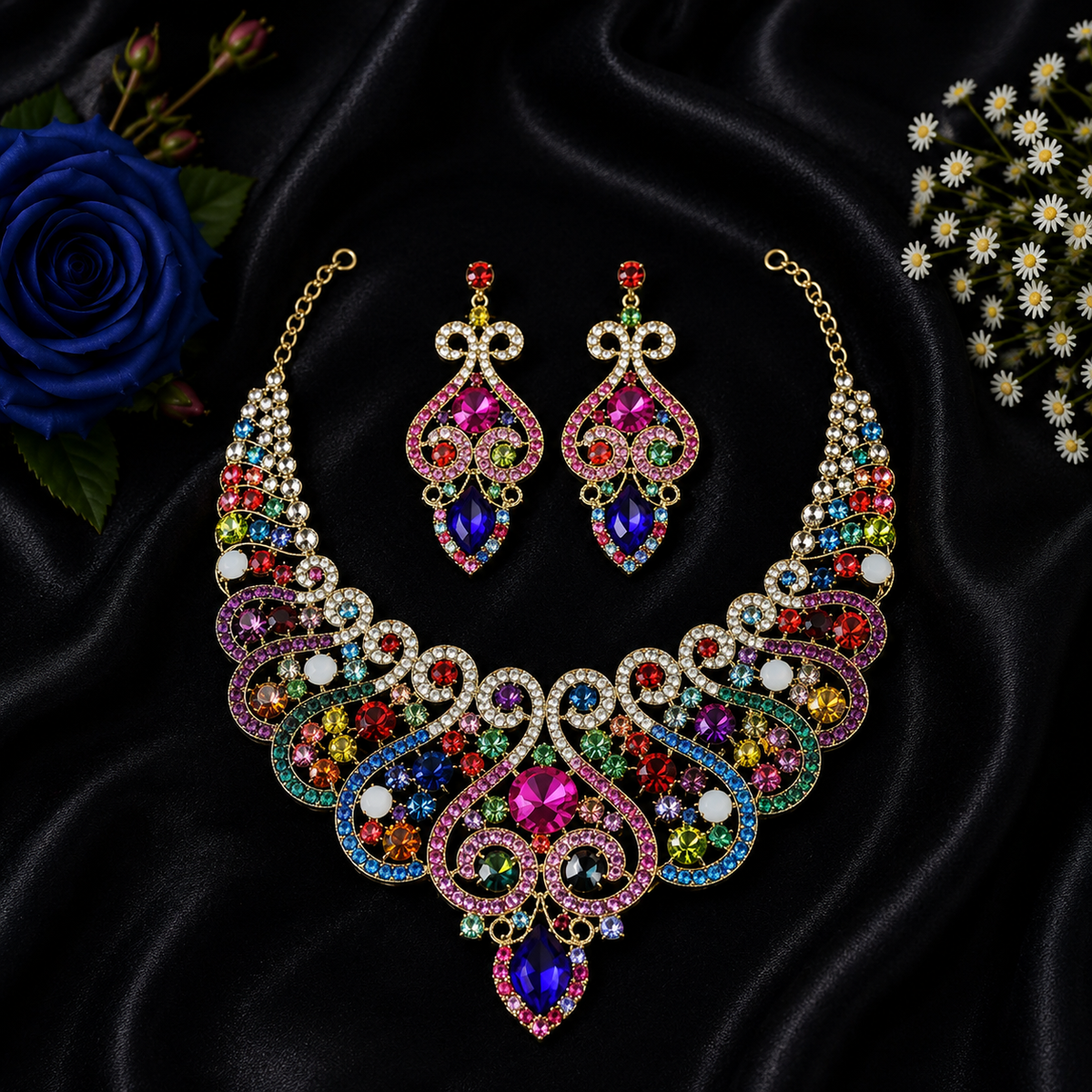 Casla's Jewel Emerald Crystal Statement Necklace & Earrings Set
