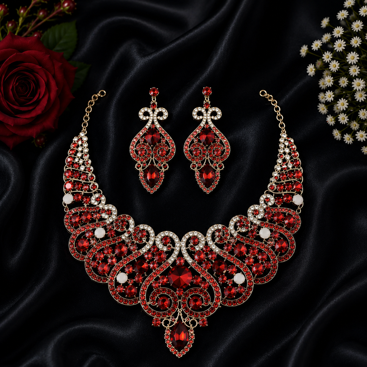 Casla's Jewel Emerald Crystal Statement Necklace & Earrings Set