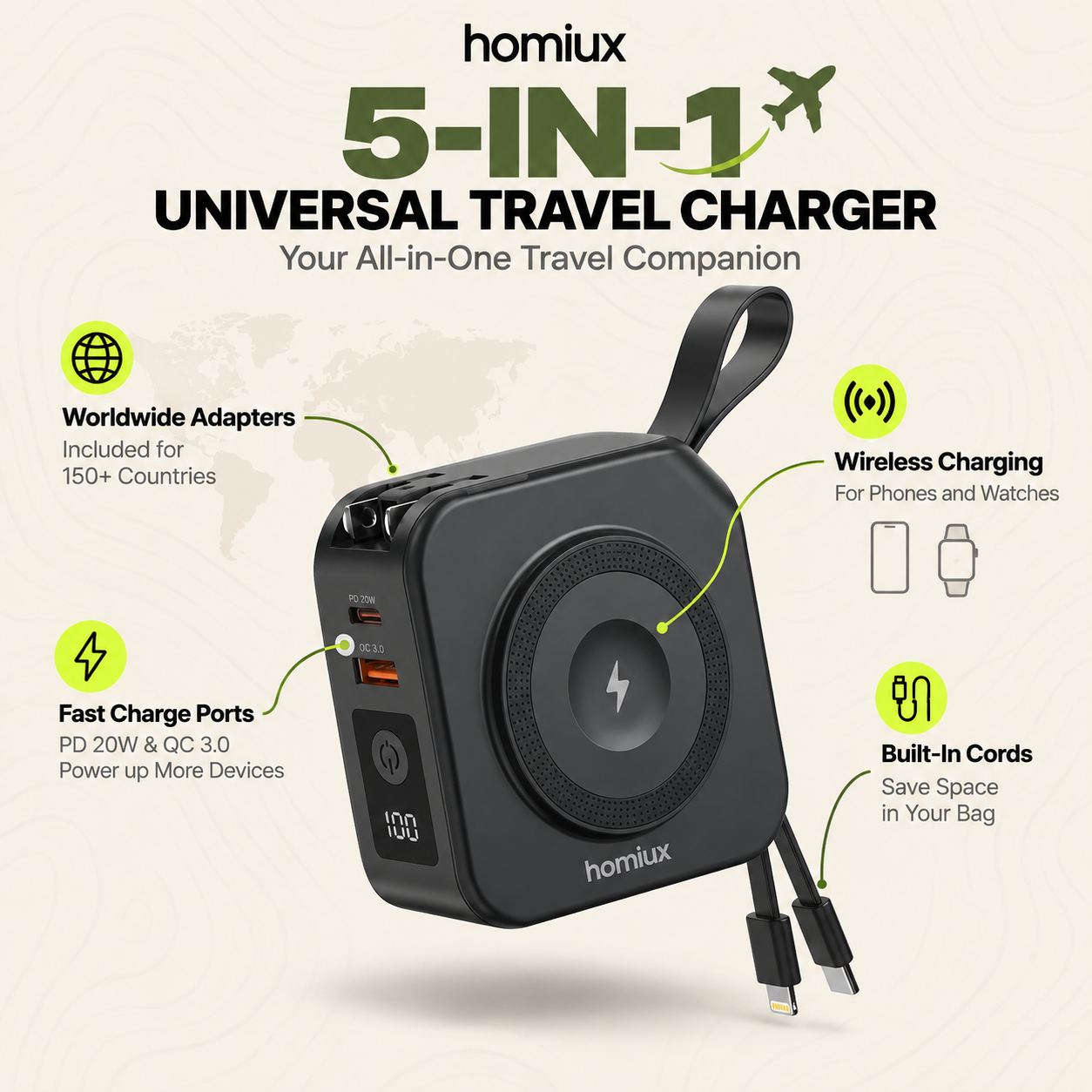 Homiux 5-in-1 Universal Travel Charger